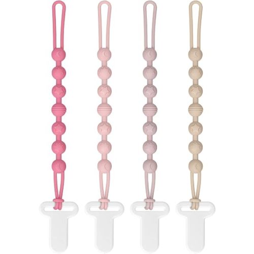 Pacifier Clip for Baby Girls and Boys, One-Piece 100% Food Grade Silicone Holder, Soft Flexible Newborn Essentials (4-Pack)