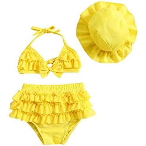 Yccutest Infant Baby Girl Flower Swimsuit 3Pcs Halter Triangle Tops Ruffle Bottoms Sun Hat Bikini Set Bathing Suit Swimwear
