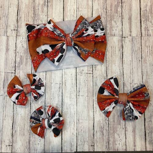 Western Mixed Print - Printed Baby Girl Bows, Stretchy Headwrap, Headband, Newborn, Baby, Toddler. Micro Piggies Clips, Bows on Nylon