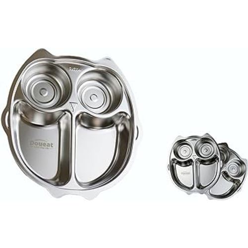 Stainless Steel Kids Plates Easy to be Clean, Preventing surface scratches. The Toddler Food Tray with Cartoon Shapes and Divided Sections. Pack of 3 - Owl