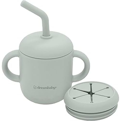 Dreambaby Silicone 3-in-1 Sippy Cup with Straw, Open Training Cup, and Snack Cup - Spill Proof Baby Snack Food Container, Seafoam, L5032A