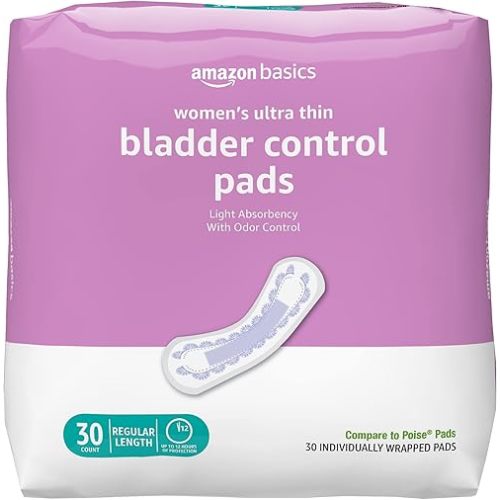 Amazon Basics Women's Incontinence Pads, Bladder Control & Postpartum, Light Absorbency, Unscented, 30 Count, (1 Pack of 30)