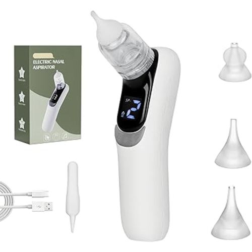 Nasal Aspirator for Baby, Electric Nasal Aspirator for Toddler & Baby, Rechargeable Baby Nose Sucker, with 3 Silicone Tips Baby Nasal Aspirator, Soothing Light & Music, 3 Suction Levels, White
