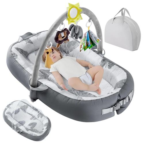 Portable Baby Lounger for Travel,Breathable & Comfortable 100% Cotton Infant Lounger, Baby Nest 0-24 Months Machine-Washable Newborn Lounger,Newborn Essentials (Gray)