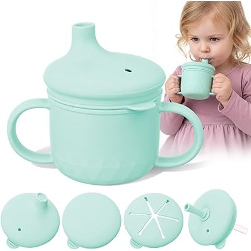 8 oz 3 in 1 Silicone Baby Sippy Cups & Snack Cups with Lid Straw for Toddlers 1-3 Spill Proof Stainless Steel Snack Containers Food Catcher for Baby Toddler Drinking Training(Light Green)