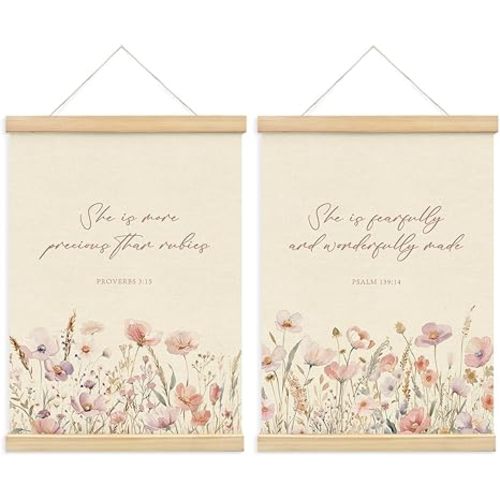 PLKMN Christian Wall Decor, Christian Nursery Decor, Wildflower Baby Girl Nursery Decor Set of 2, Pink Floral Bible Christian Wall Art Framed, Christian Gifts for Women12x16 Inch