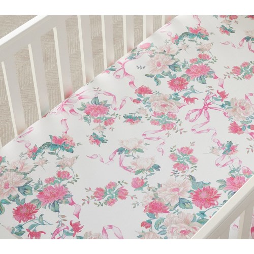 LoveShackFancy Cabbage Rose Bow Organic Crib Fitted Sheet