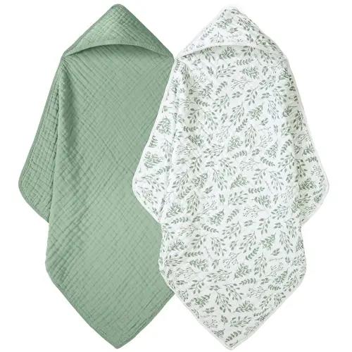 Baby Bath Towels, 100% Muslin Cotton Hooded Baby Towels for Newborn, Infant and Toddler, 2 Pack Soft and Absorbent Unisex Bath Essentials with Large 32x32Inch Size