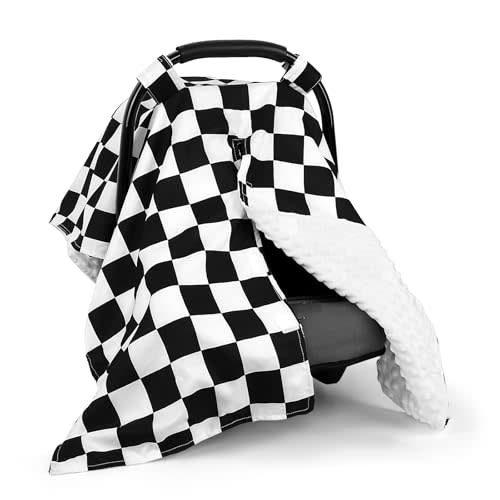 DILIMI Baby Car Seat Cover, Minky Warm Car Seat Covers for Babies, Peekaboo Opening Infant Car Seat Cover, Nursing Cover Carseat Canopy, Black Checkered
