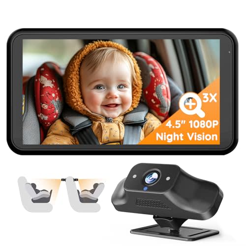 Babyvue BC1 Baby Car Camera, 4.5" 1080P HD Screen & 3X Zoom, IR Night Vision Car Baby Monitor with Adjustable Brightness, Easy Install Car Seat Camera for Babies & Pets to Drive Safely