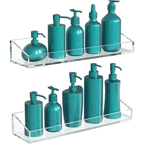 Vdomus Acrylic Bathroom Shelves, Acrylic Shelf Transparent Wall Mounted, No Drilling Extra Thick Acrylic Shower Shelf, Clear Storage Display Shelving, 2 Pack