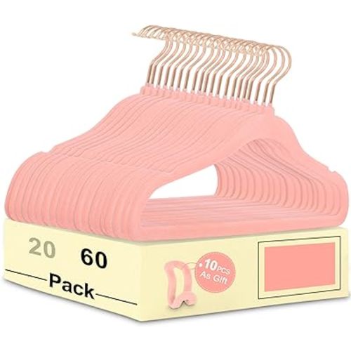 Pink Velvet Hangers 60 Pack, 11.8'' Non-Slip Kids Velvet Hangers, Space Saving Clothes Hangers Flocked Hangers, Durable Kids Clothes Hanger for Bodysuit, Skirt (Gold Hook)
