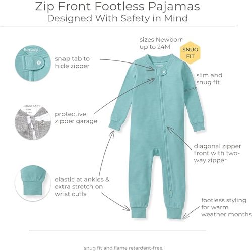 Burt's Bees Baby Unisex Baby Honeysoft Pajamas, Footless One-piece Zip-up Pj, Soft Organic Cotton & Lyocell Blend