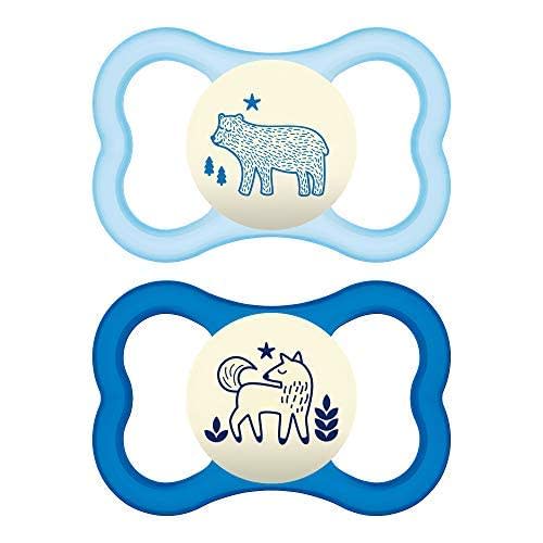 MAM Air Night Pacifiers (1 Sterilizing Pacifier Case), MAM Sensitive Skin Pacifier 6+ Months, Glow in the Dark Pacifier, Best Pacifier for Breastfed Babies, Baby Boy Pacifiers, 6-16 - 2 Ct (Pack of 1)