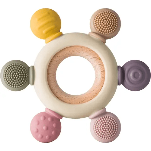 Baby Teething Toys Silicone Teethers BPA Free Silicone Rudder with Wooden Ring Soothe Babies Gums (Khaki)