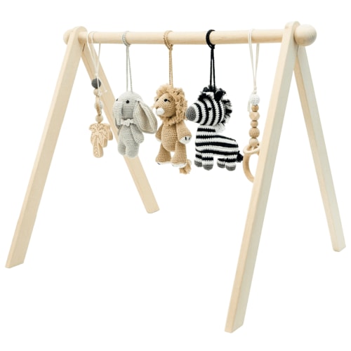Natural Wood Baby Play Gym & Handmade Crochet Toys - Jabaloo