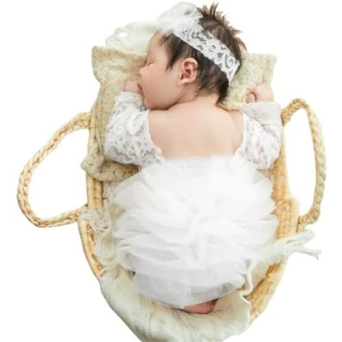 Newborn Photography Outfits Girl, Baby Girl Photoshoot Props, Lace Romper with Headband for 0-3 Months Newborn