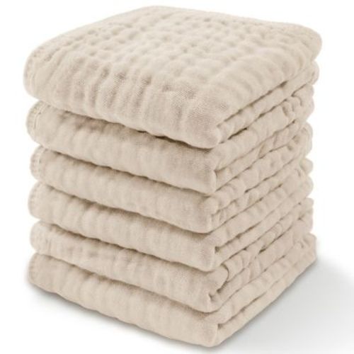 Baby Washcloths Muslin Cotton, Large 10”x10” By Comfy Cubs (Sand, Pack Of 6)