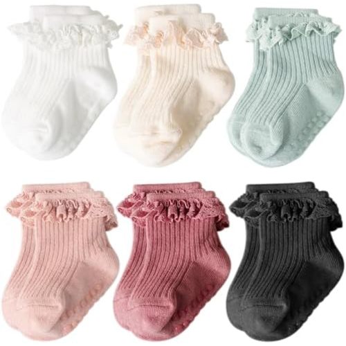 AQOKKA Baby Girl Toddlers Socks with Non-slip Grip Cute Frilly Ruffle Ankle Soft Cotton Newborn Baby Socks for Infant Kids