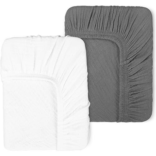 2 Pack Muslin Fitted Crib Sheets for Baby Girls & Boys-Neutral Breathable Crib Mattress Protector for Standard Crib Mattress(28"x 52")-Soft No Slip Cotton Toddler Bedding-Gray & White