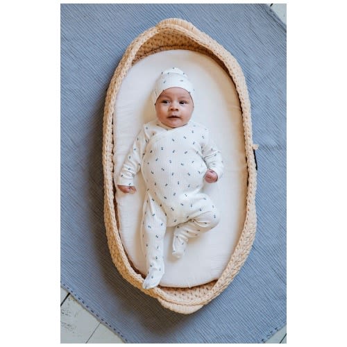 Baby Cotton Ribbed Zipper Footie, Ivory / Blue Berry 3M