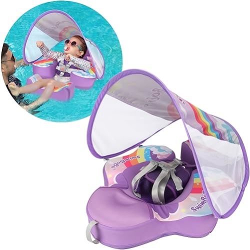 Swimbobo Baby Floats for Pool with Canopy Non Inflatable Soft Skin-Friendly Fabric Material Infant Swim Float for Boys and Girls Swimming Pool Toys (Purple Rainbow)