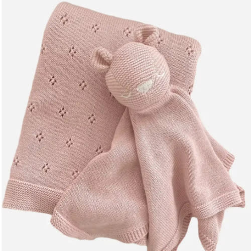 The Blueberry Hill Pique Blanket & Bear Lovey, Blush Organic Cotton Baby Gift