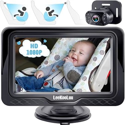 Baby Car Camera Ease Installation - Gift for Newborn Protect Baby's Eyes Color Image Clear Night Vision HD 1080P No-Sloshing Hide Lights 150° Wide View Angle for 3 Kids - LK12