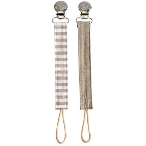 Itzy Ritzy Linen Pacifier Clips; Fabric Pacifier Strap with Clip Keeps Pacifiers & Teethers in Place; Includes Universal Attachment Clip and Loop; 2-Pack of Tan and Tan Stripe