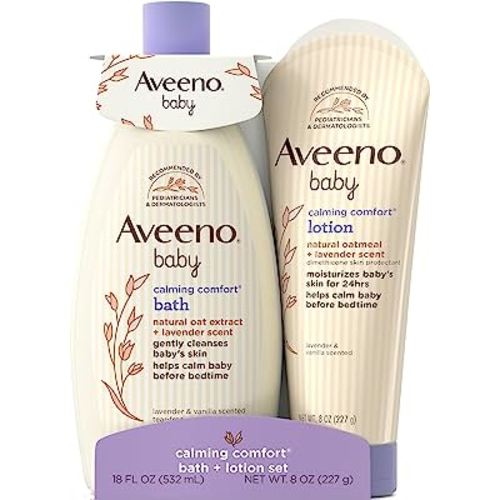 Aveeno Baby Calming Comfort Bath & Lotion Set, Nighttime Baby Skin Care Products with Natural Oat, Lavender & Vanilla Scents, Paraben-, Phthalate- & Phenoxyethanol-Free, 2 Items