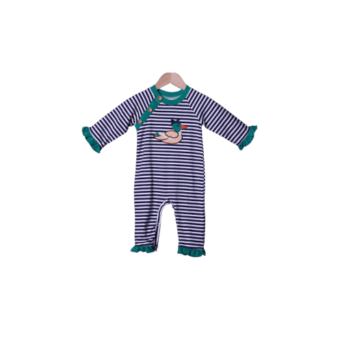 Applique Mallard Navy Stripe Ruffle Romper