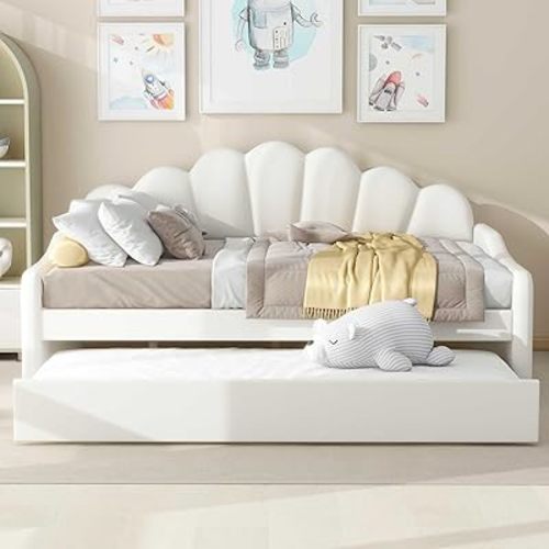 Merax Daybed with Trundle Wood Corner Bed Full Size Velvet Upholstered Daybed Frame with Shall Shaped Backrest, Wood Slat Support, No Box Spring Needed, White