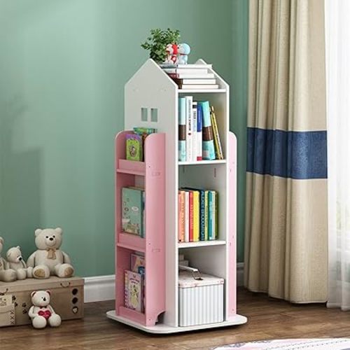 4-Tier Rotating Bookshelf,360° Display Bookshelf,Floor Standing Bookcase,Children's Bookshelf for Bedroom, Living Room, Study Room,Pink