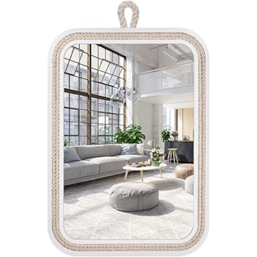 Nautical Rope Mirror Rectangular Hanging Mirrors for Wall 22''Lx16''W White Decorative Mirror Farmhouse Mirror with Rope for Bathroom,Livingroom,Entryway-Beachy Coastal Wall Decor