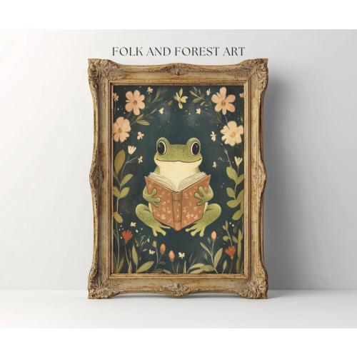 Whimsical Reading Frog Art | Cottagecore Printable | Book Lover Wall Art | Folk Art Digital Download | Multiple Sizes Included