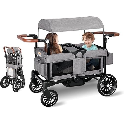 Kinder King Folding Wagon Stroller for 2 Kids, Convert to Newborn Bassinet, 2 Seater w/Removable Canopy, Adjustable Handle, All-Terrain Shock-Absorbing Wheel, Detachable Tray, Diaper Bag, Grey