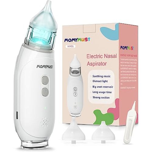 Nasal Aspirator for Baby, MOMYMUST Electric Baby Nose Cleaner with Self-Cleaning Function, Baby Nasal Aspirator with 3 Levels of Suction, Music and Light, 2 Nose-Tips, 60 Days Use Time