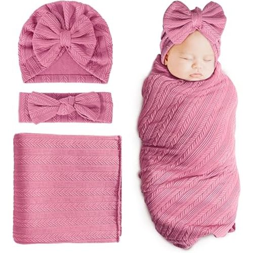 DRESHOW BQUBO Newborn Receiving Blanket Toddler Warm for Girls with Matching Bow Hat and Bow Headband Shower Gift