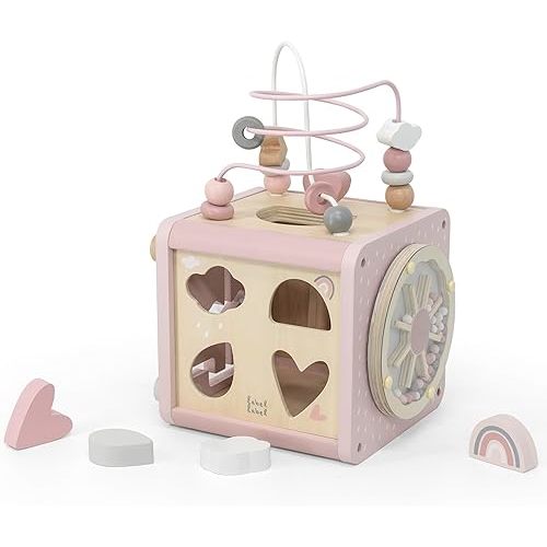 5-in-1 Activity Cube - Pink - Wooden Toy, Shape Sorter, Cog Wheels, Track Maze, Xylophone, Bead Labyrinth, Baby & Toddlers Ages 1+