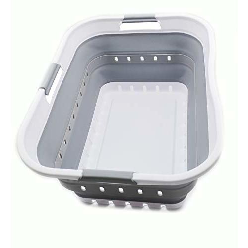 SAMMART 42L (11 gallon) Collapsible Plastic Laundry Basket - Foldable Pop Up Storage Container/Organizer - Space Saving Hamper/Basket (1, White/Grey)