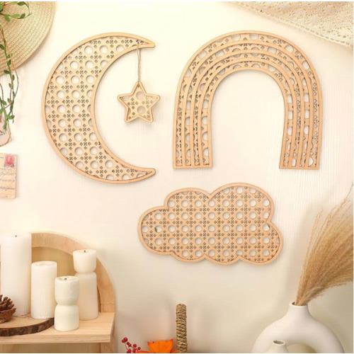 Geetery Boho Wooden Rainbow Nursery Cloud Moon Ornaments Cloud Baby Room Wall Decor for Nursery Boho Wooden Rattan Moon and Stars Decor for Baby Girl Boy