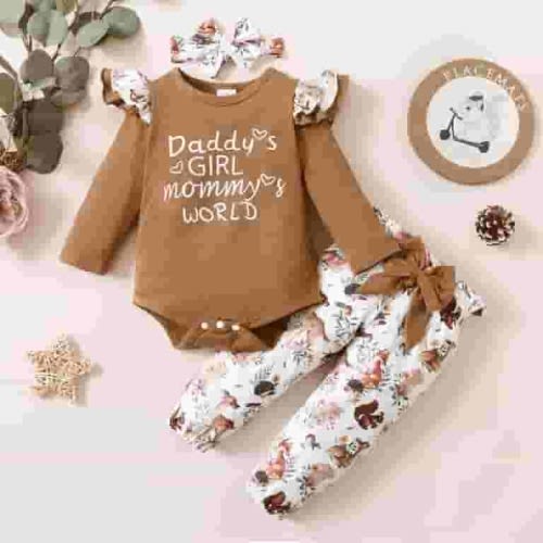 PatPat Newborn Baby Girls Cotton Clothes Long Sleeve Romper Jumpsuit Pants Outfit Set, 3-6 Months