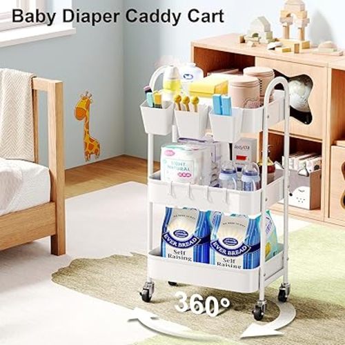 3 Tier Heavy Duty White Metal Rolling Cart with Lockable Wheels, Three Tier Roller Book Snack Cart, Utility Storage Organizer Carts for Kitchen, Bathroom, Garage, Diaper, Craft, Cleaning Supplies