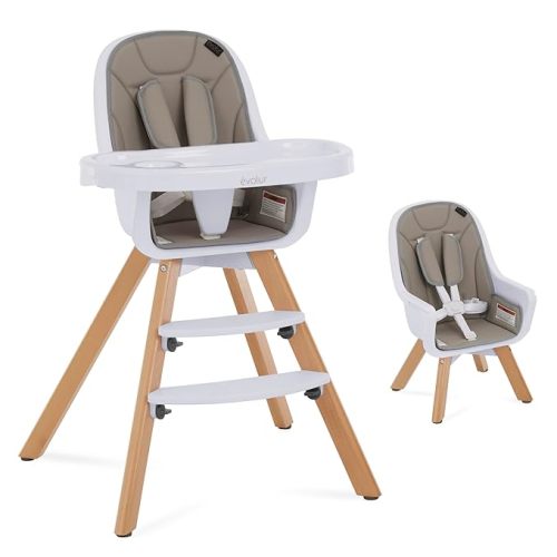 évolur Zoodle 3-in-1 High Chair in Light Grey | Convertible Wooden Baby Feeding Chair with Dishwasher Safe Removable Tray, Adjustable Footrest, Padded Cushion, 5-Point Harness for Infants & Toddlers