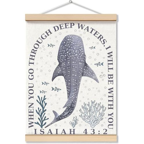 ZNGFON Trendy Whale Shark Christian Wall Decor 12x16,When You Go Through Deep Waters I Will Be With You Isaiah 43:2 Wall Art Poster with Wooden Frame,Blue Bible Verse Wall Hanging Home Decor A5