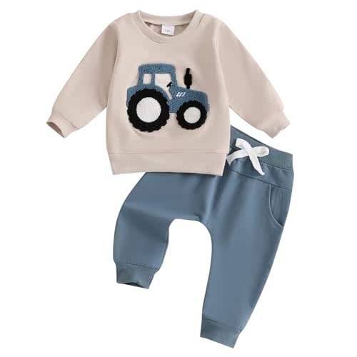 Adobabirl Toddler Baby Boy Fall Outfits Tractor Embroidery Long Sleeve Sweatshirt and Pants Set Farm Winter Clothes