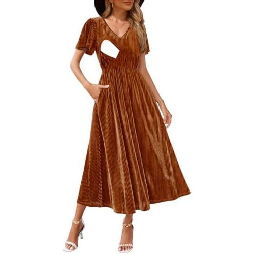 Women's Nursing Short Sleeve V Neck Velvet Maxi Dress Flowy Wedding Party Dresses with Pockets