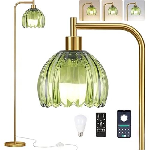 Gold Floor Lamp for Living Room,Bedroom,Mid Century Modern Standing Lamp with Remote,Dimmable Brass Tall Lamp Gtained Green Glass Mini Floor Light Vintage Retro Arc Boho Bohemian