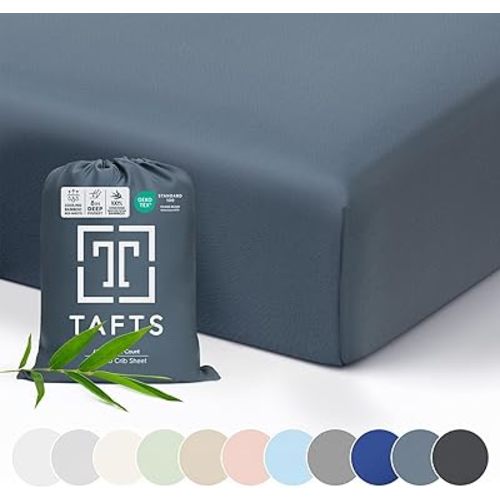 Tafts Crib Sheets, 100% Viscose derived from Bamboo Fitted, Girls, Boys & Unisex, 8 Inch Deep Pocket, Standard Crib & Toddler Mattress, Cooling, Soft, 360 Elastic, Lifetime (28 x 52 Slate Blue)