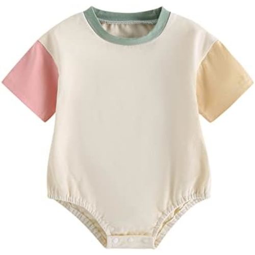 Kayotuas Baby Bubble Romper Infant Oversized Crewneck Tshirt Bodysuit Short Sleeve Color Block Shirt Tops Cute Summer Outfits
